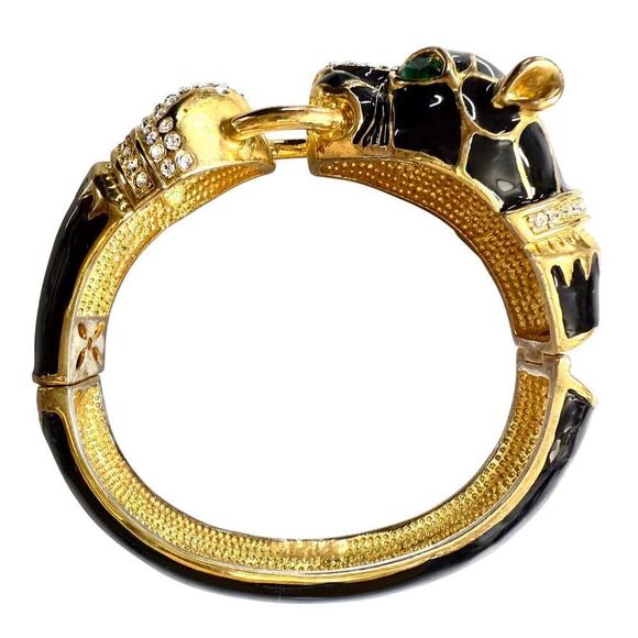 VTG Black Enamel Panther Door Knocker Bangle Bracelet Hinge Ciner Style - Picture 1 of 7